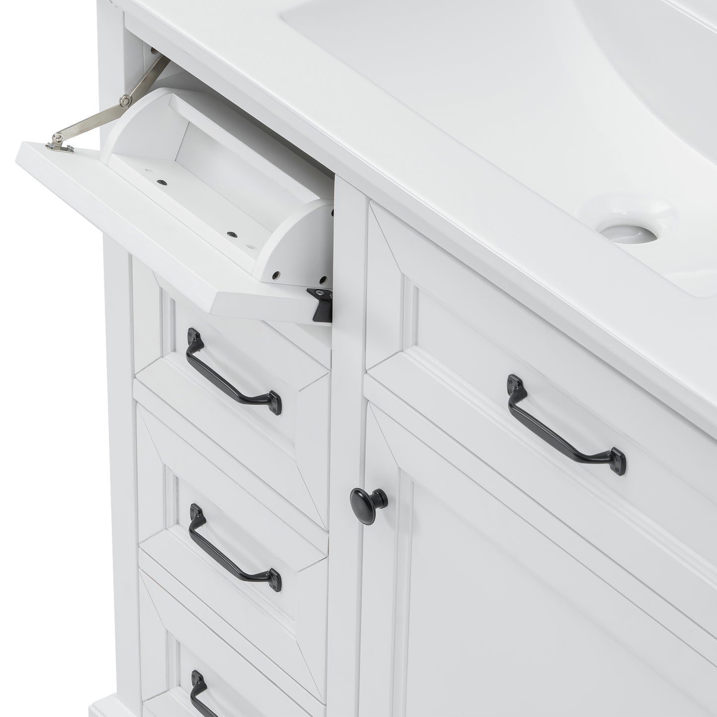 VanityFus 36-in White Bathroom Vanity Single Sink Combo Ceramic Top 1 Soft Close Door 4 drawers Adjustable Shelves
