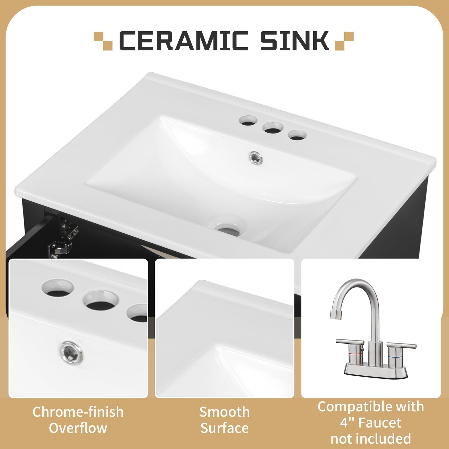 VanityFus 24-in Black Bathroom Vanity Single Sink Combo Ceramic Top 1 Soft Close Door 3 drawers Undermount