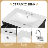 VanityFus 24-in Black Bathroom Vanity Single Sink Combo Ceramic Top 1 Soft Close Door 3 drawers Undermount