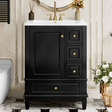 VanityFus 24-in Black Bathroom Vanity Single Sink Combo Ceramic Top 1 Soft Close Door 3 drawers Undermount