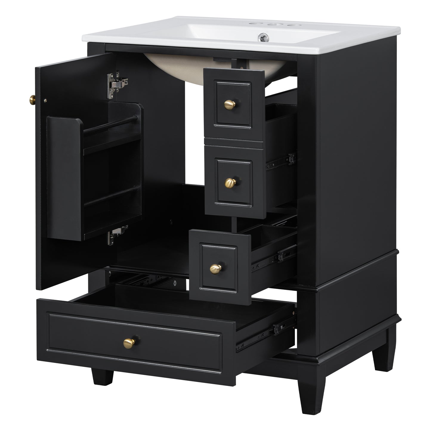 VanityFus 24-in Black Bathroom Vanity Single Sink Combo Ceramic Top 1 Soft Close Door 3 drawers Undermount