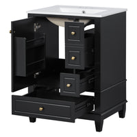 VanityFus 24-in Black Bathroom Vanity Single Sink Combo Ceramic Top 1 Soft Close Door 3 drawers Undermount