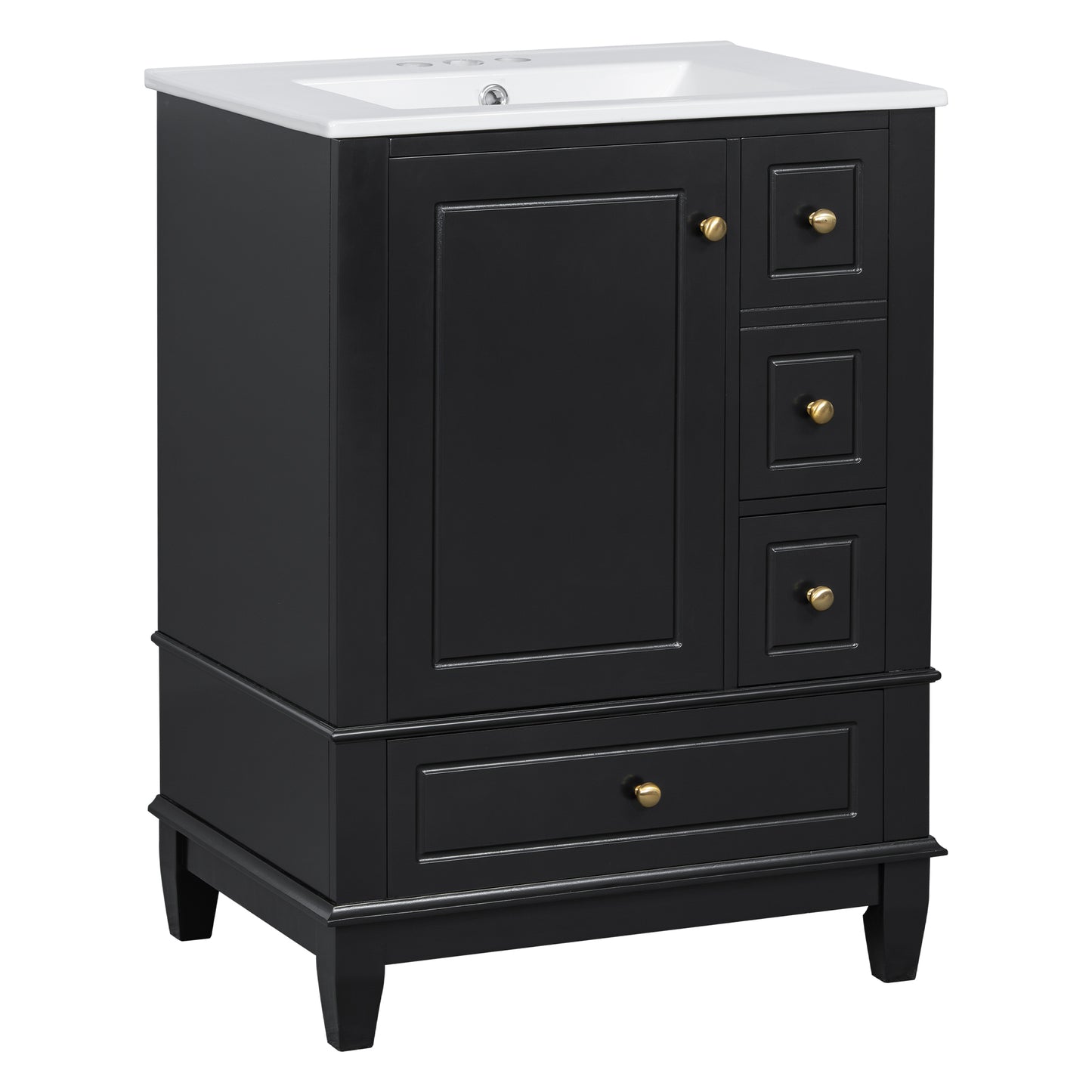VanityFus 24-in Black Bathroom Vanity Single Sink Combo Ceramic Top 1 Soft Close Door 3 drawers Undermount