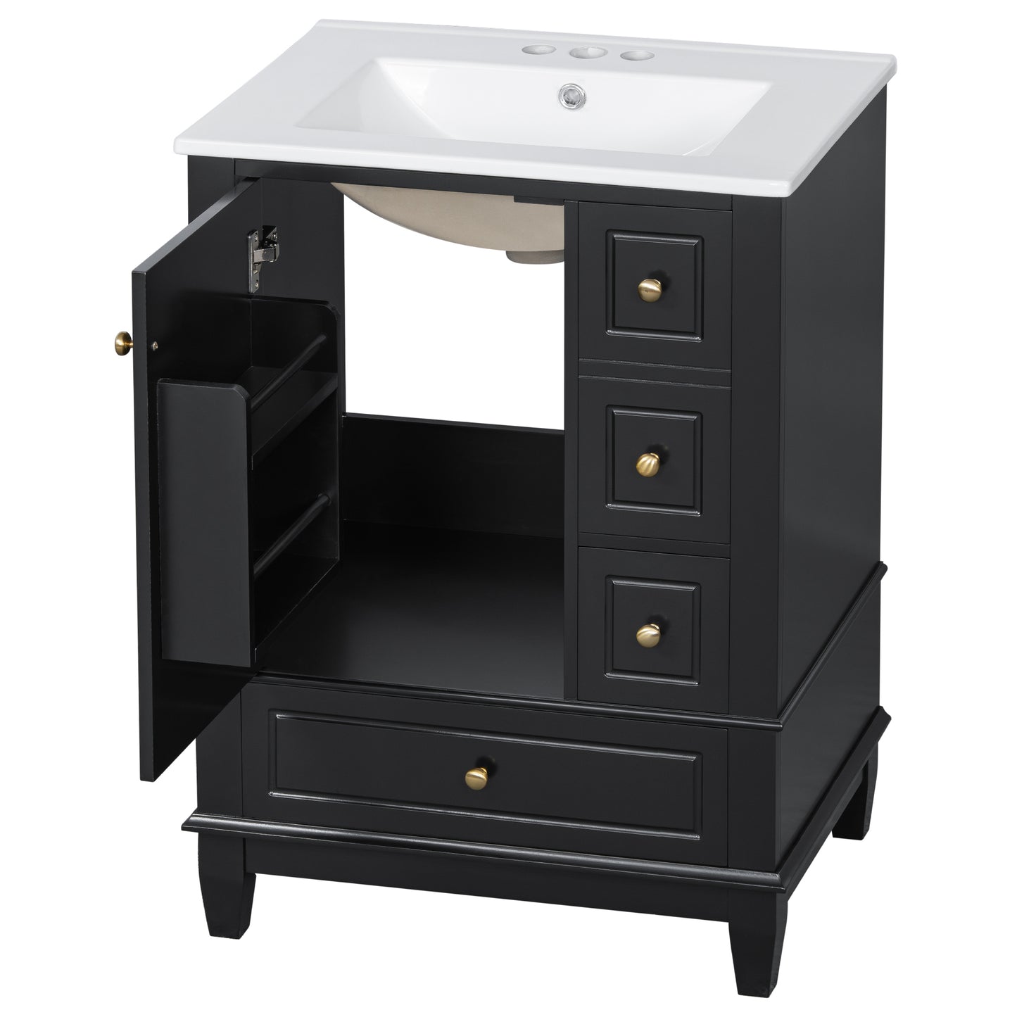 VanityFus 24-in Black Bathroom Vanity Single Sink Combo Ceramic Top 1 Soft Close Door 3 drawers Undermount