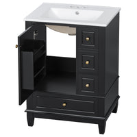 VanityFus 24-in Black Bathroom Vanity Single Sink Combo Ceramic Top 1 Soft Close Door 3 drawers Undermount