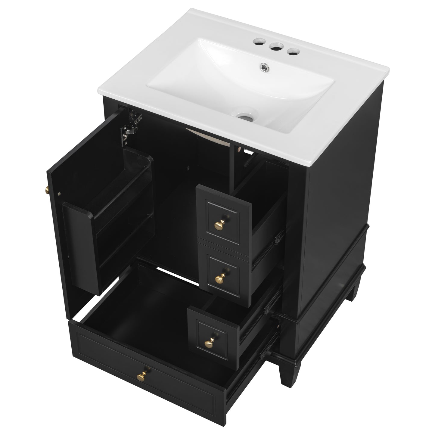 VanityFus 24-in Black Bathroom Vanity Single Sink Combo Ceramic Top 1 Soft Close Door 3 drawers Undermount