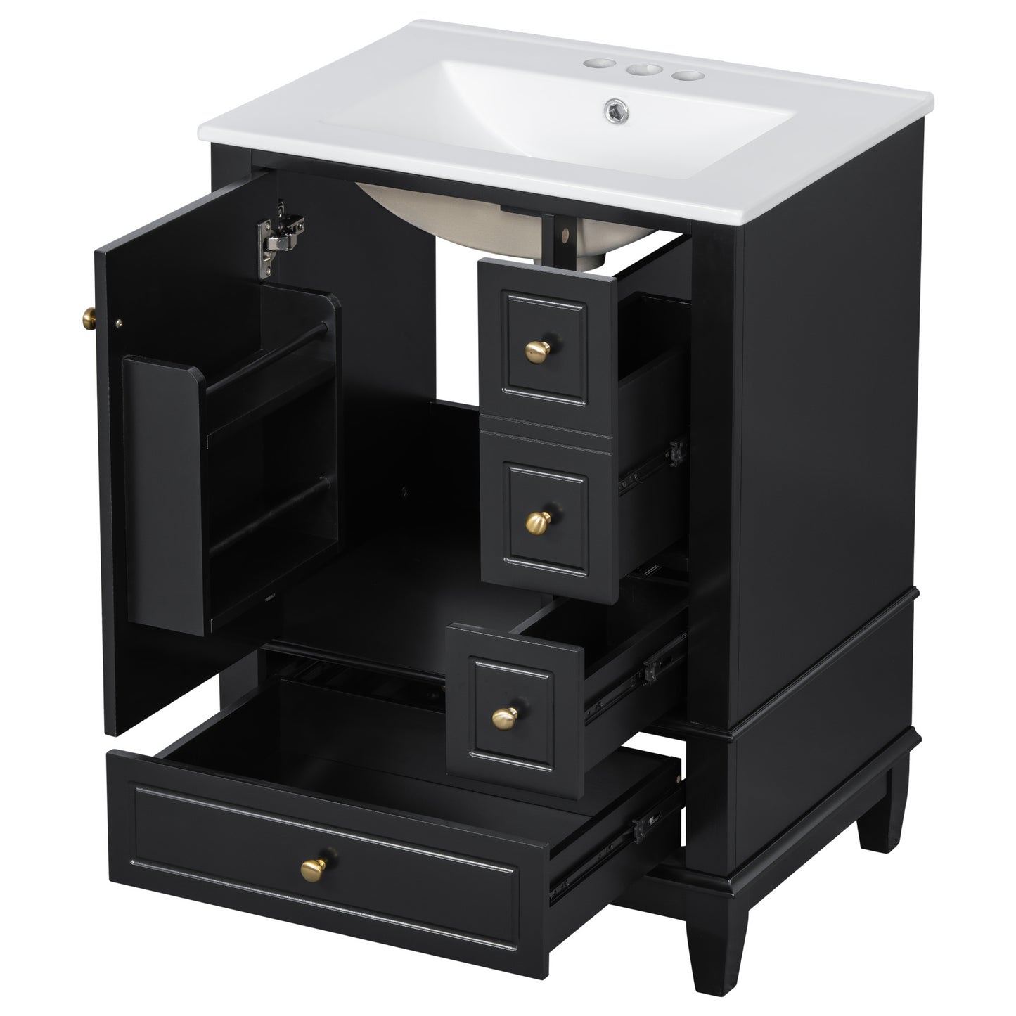 VanityFus 24-in Black Bathroom Vanity Single Sink Combo Ceramic Top 1 Soft Close Door 3 drawers Undermount
