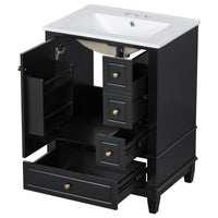 VanityFus 24-in Black Bathroom Vanity Single Sink Combo Ceramic Top 1 Soft Close Door 3 drawers Undermount