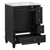 VanityFus 24-in Black Bathroom Vanity Single Sink Combo Ceramic Top 1 Soft Close Door 3 drawers Undermount