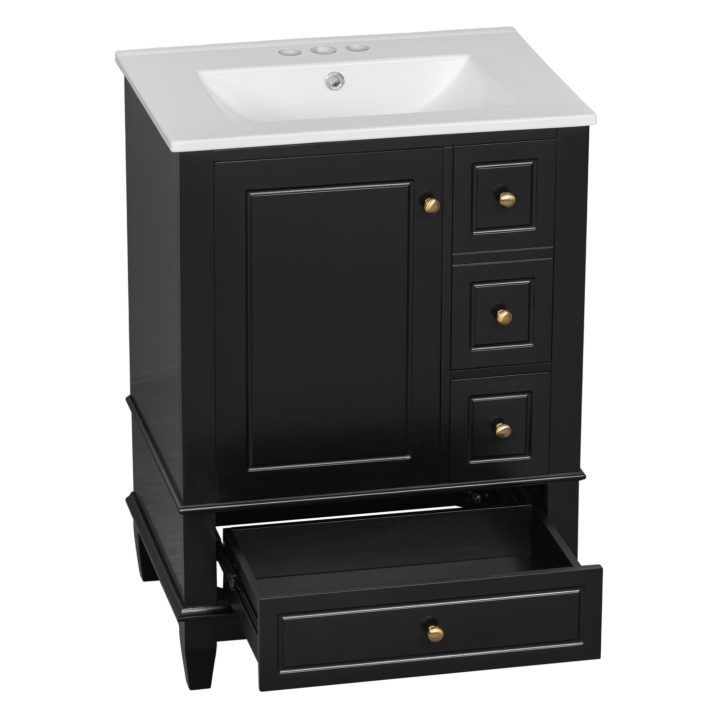 VanityFus 24-in Black Bathroom Vanity Single Sink Combo Ceramic Top 1 Soft Close Door 3 drawers Undermount