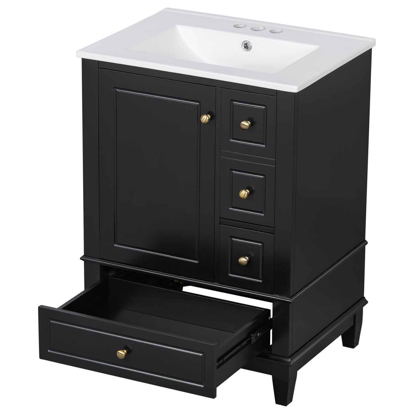 VanityFus 24-in Black Bathroom Vanity Single Sink Combo Ceramic Top 1 Soft Close Door 3 drawers Undermount