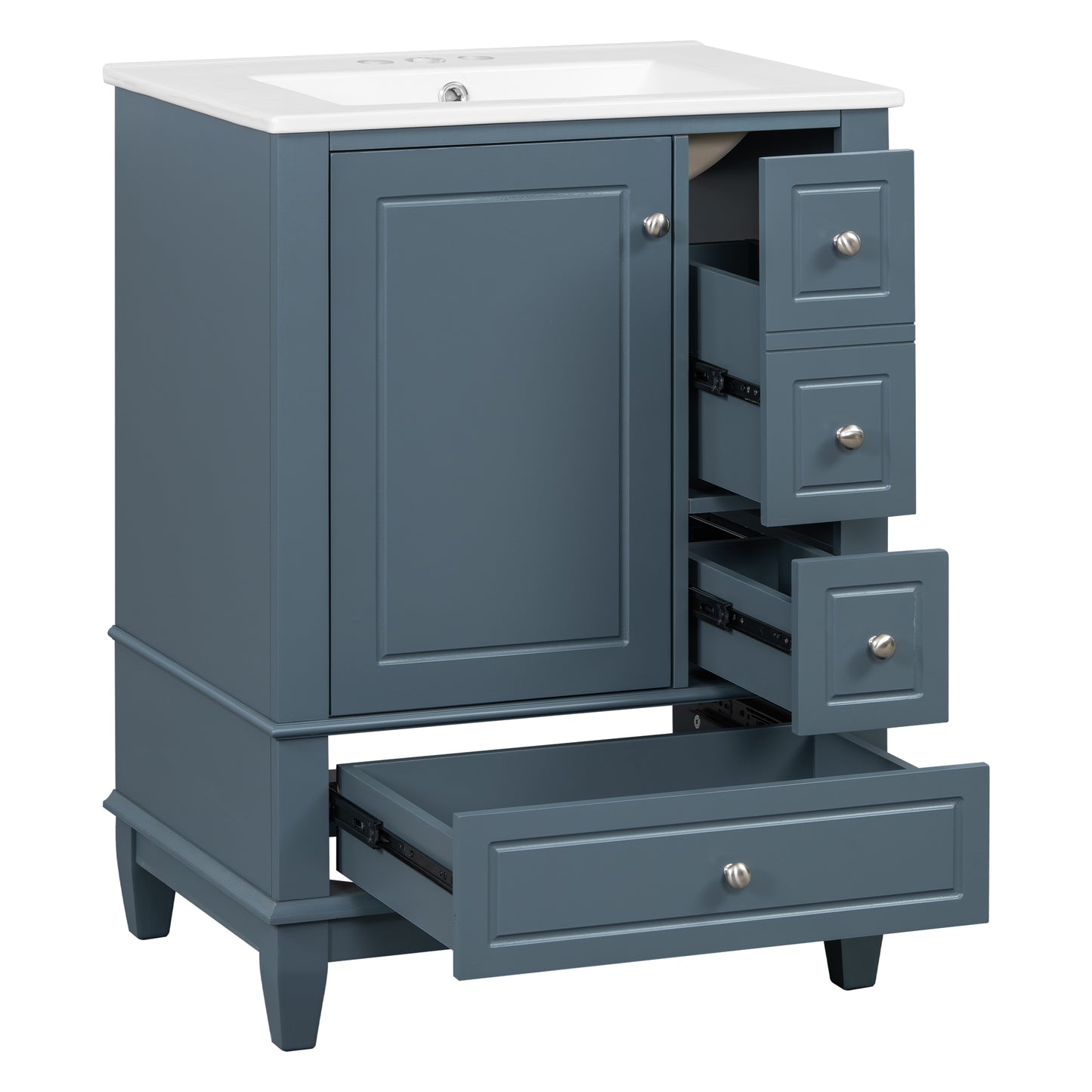 VanityFus 24-in Blue Grey Bathroom Vanity Single Sink Combo Ceramic Top 1 Soft Close Door 3 drawers Undermount