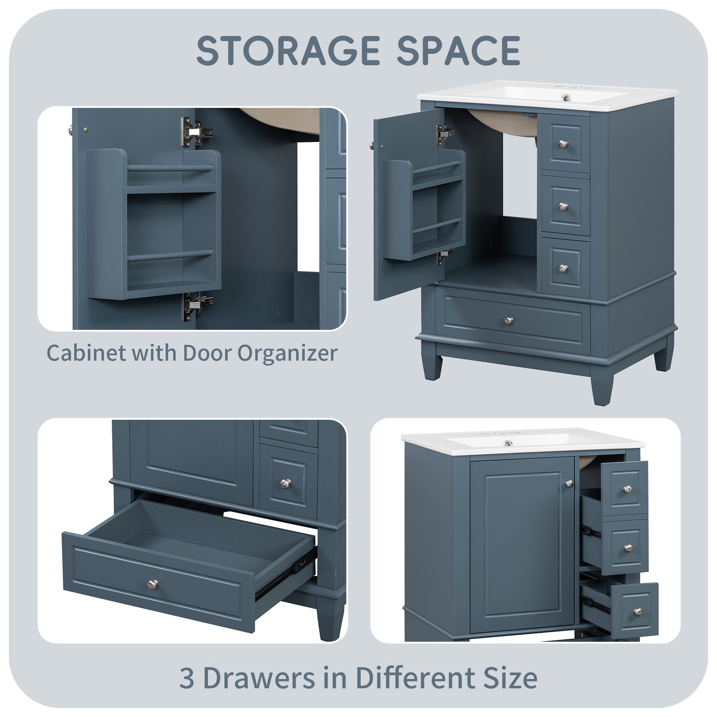 VanityFus 24-in Blue Grey Bathroom Vanity Single Sink Combo Ceramic Top 1 Soft Close Door 3 drawers Undermount