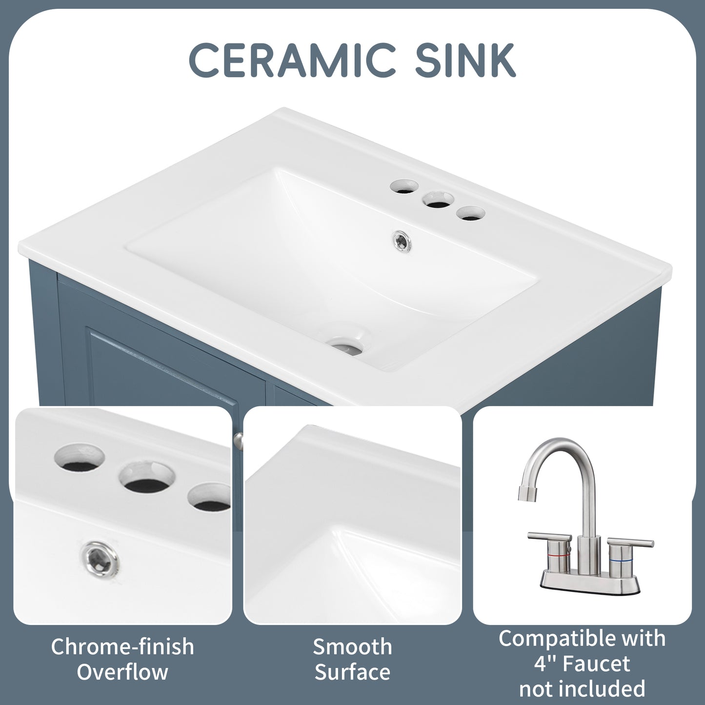 VanityFus 24-in Blue Grey Bathroom Vanity Single Sink Combo Ceramic Top 1 Soft Close Door 3 drawers Undermount
