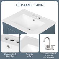 VanityFus 24-in Blue Grey Bathroom Vanity Single Sink Combo Ceramic Top 1 Soft Close Door 3 drawers Undermount