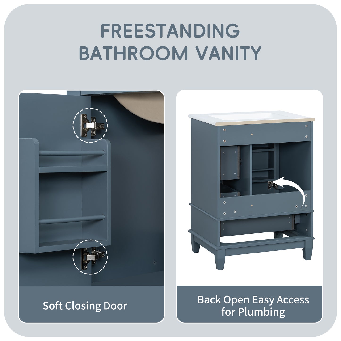VanityFus 24-in Blue Grey Bathroom Vanity Single Sink Combo Ceramic Top 1 Soft Close Door 3 drawers Undermount
