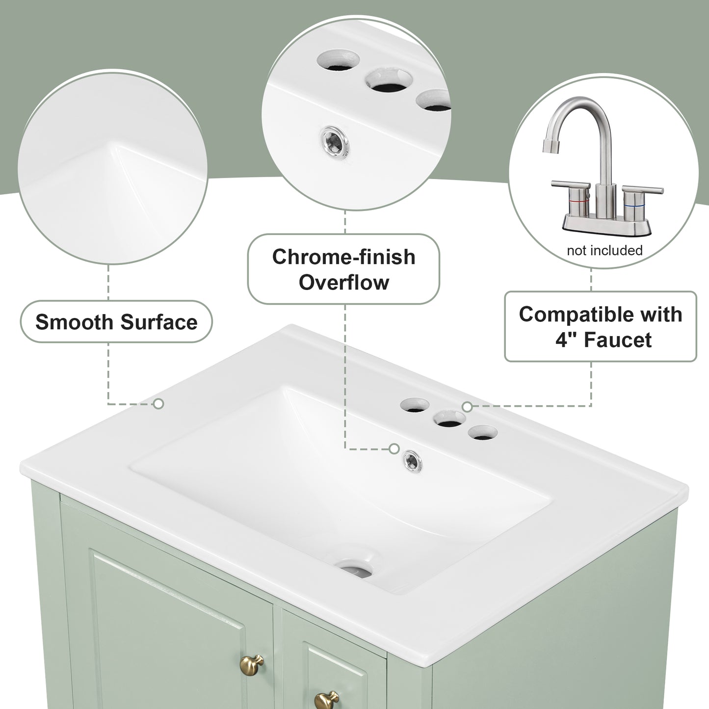 VanityFus 24-in Bathroom Vanity Green Single Sink Combo with Ceramic Top 1 Soft Close Door 3 Drawers