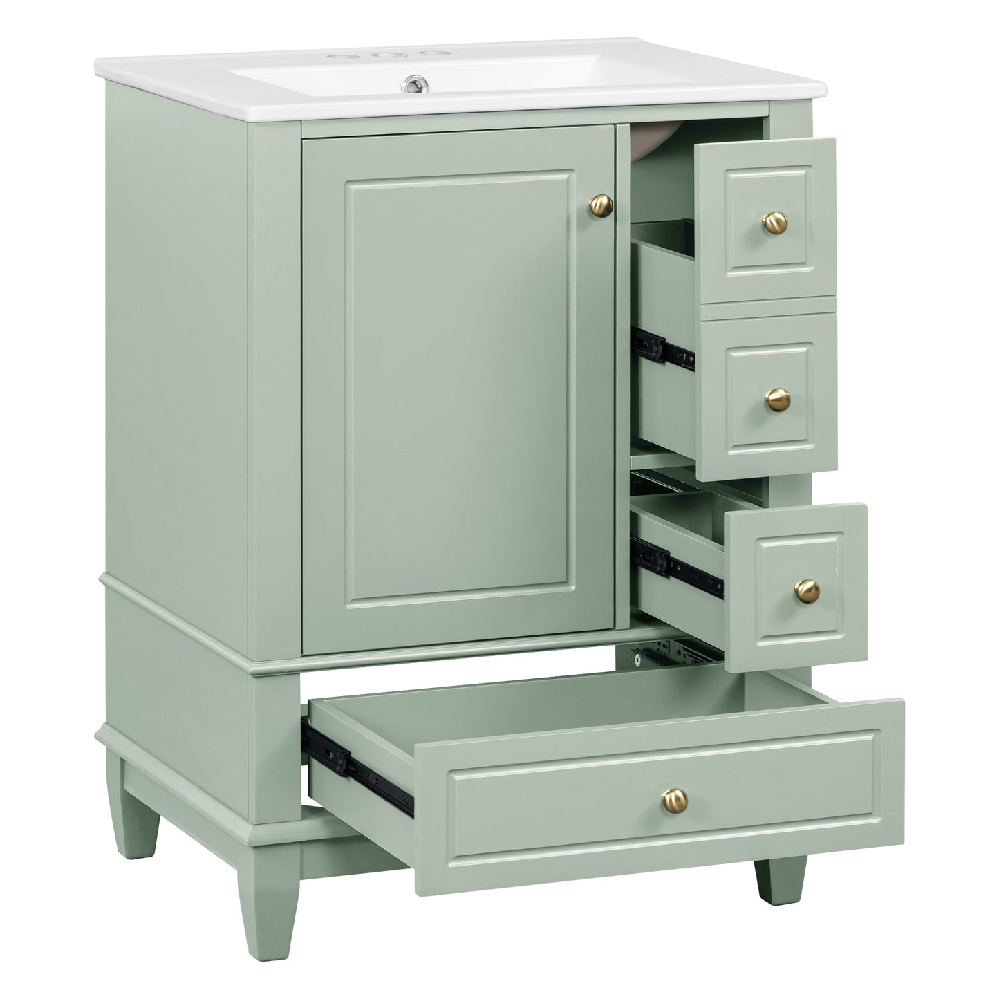 VanityFus 24-in Bathroom Vanity Green Single Sink Combo with Ceramic Top 1 Soft Close Door 3 Drawers