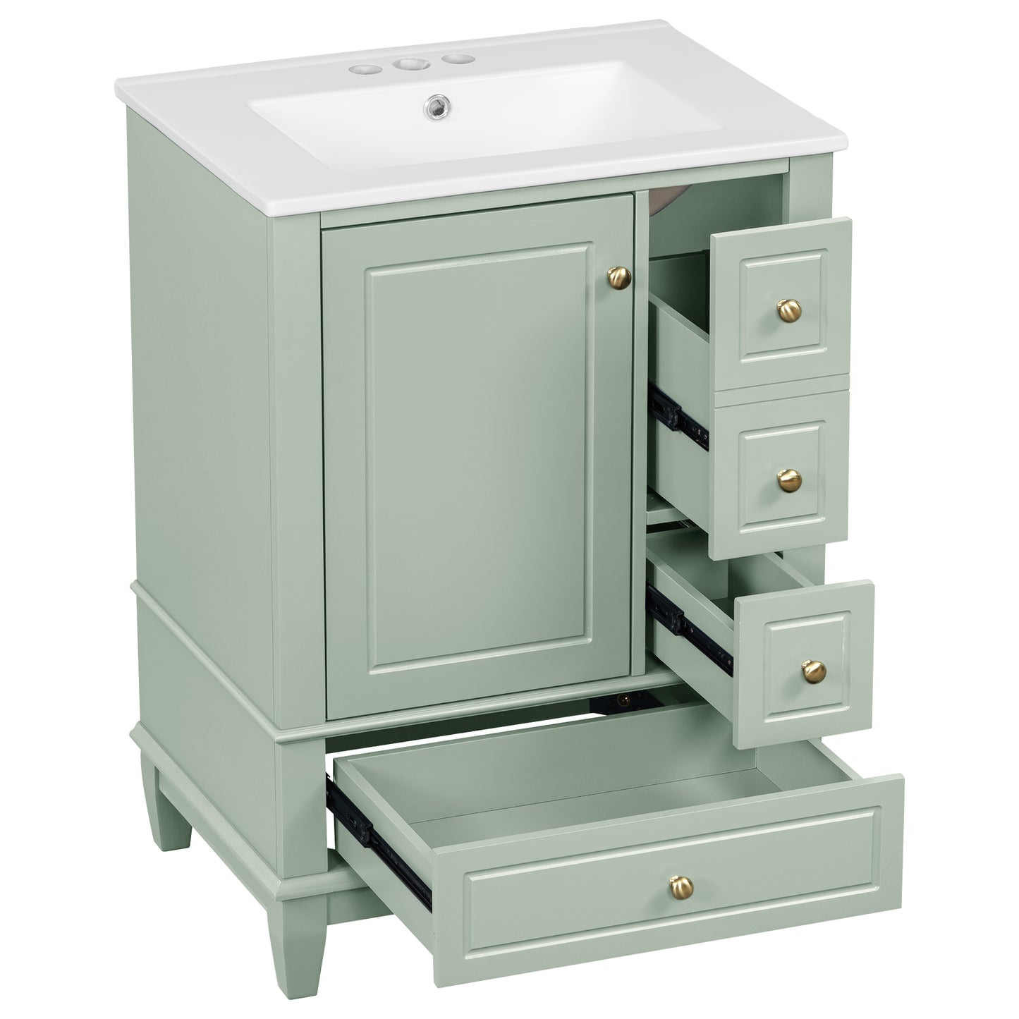 VanityFus 24-in Bathroom Vanity Green Single Sink Combo with Ceramic Top 1 Soft Close Door 3 Drawers