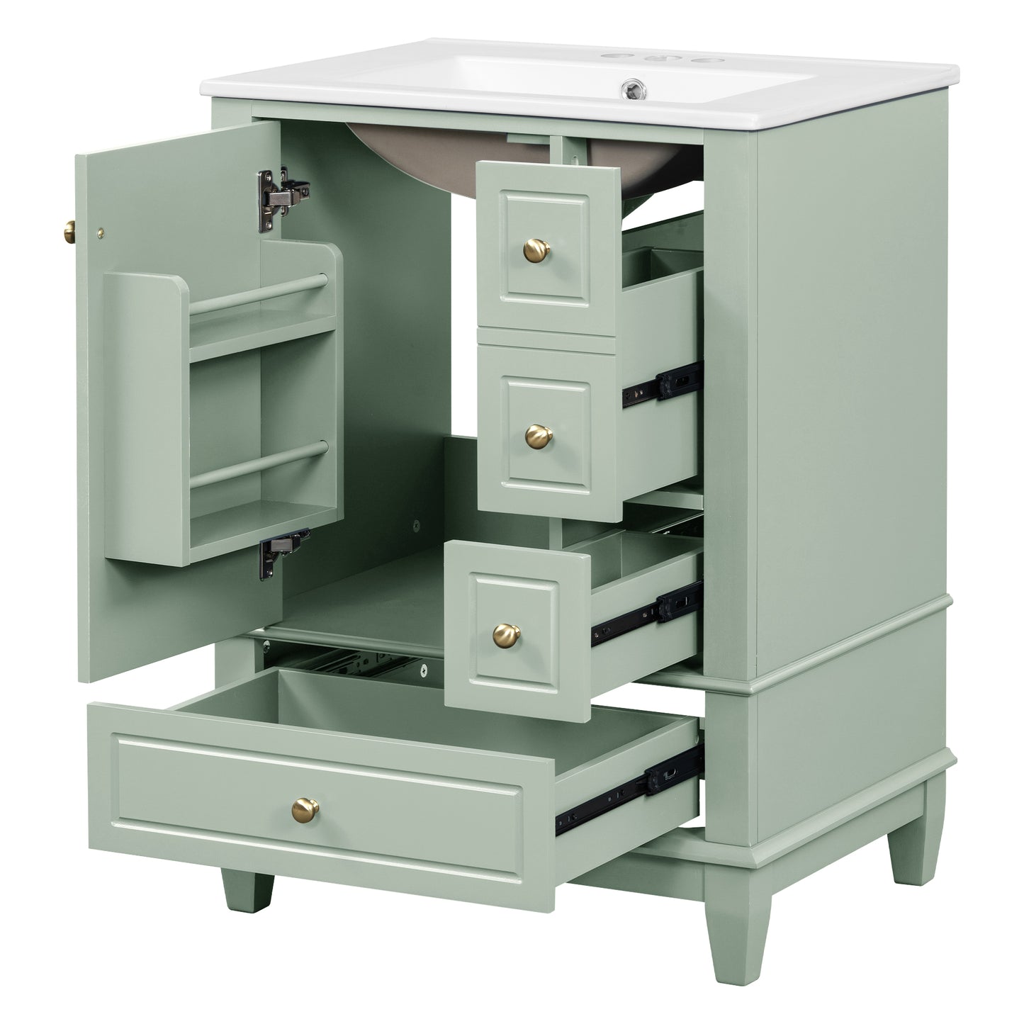 VanityFus 24-in Bathroom Vanity Green Single Sink Combo with Ceramic Top 1 Soft Close Door 3 Drawers