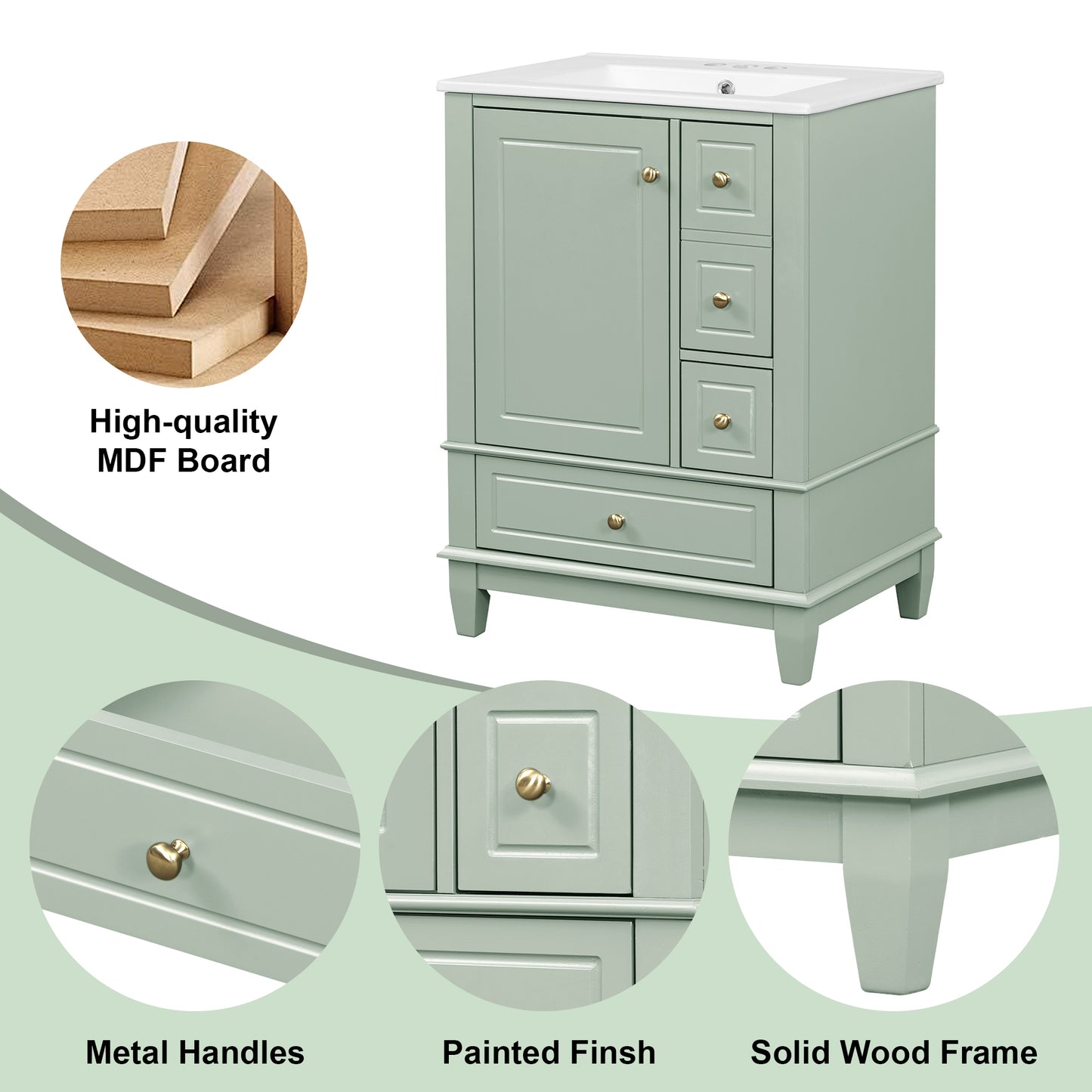 VanityFus 24-in Bathroom Vanity Green Single Sink Combo with Ceramic Top 1 Soft Close Door 3 Drawers