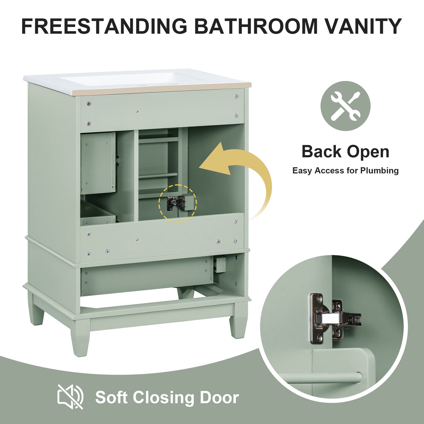 VanityFus 24-in Bathroom Vanity Green Single Sink Combo with Ceramic Top 1 Soft Close Door 3 Drawers