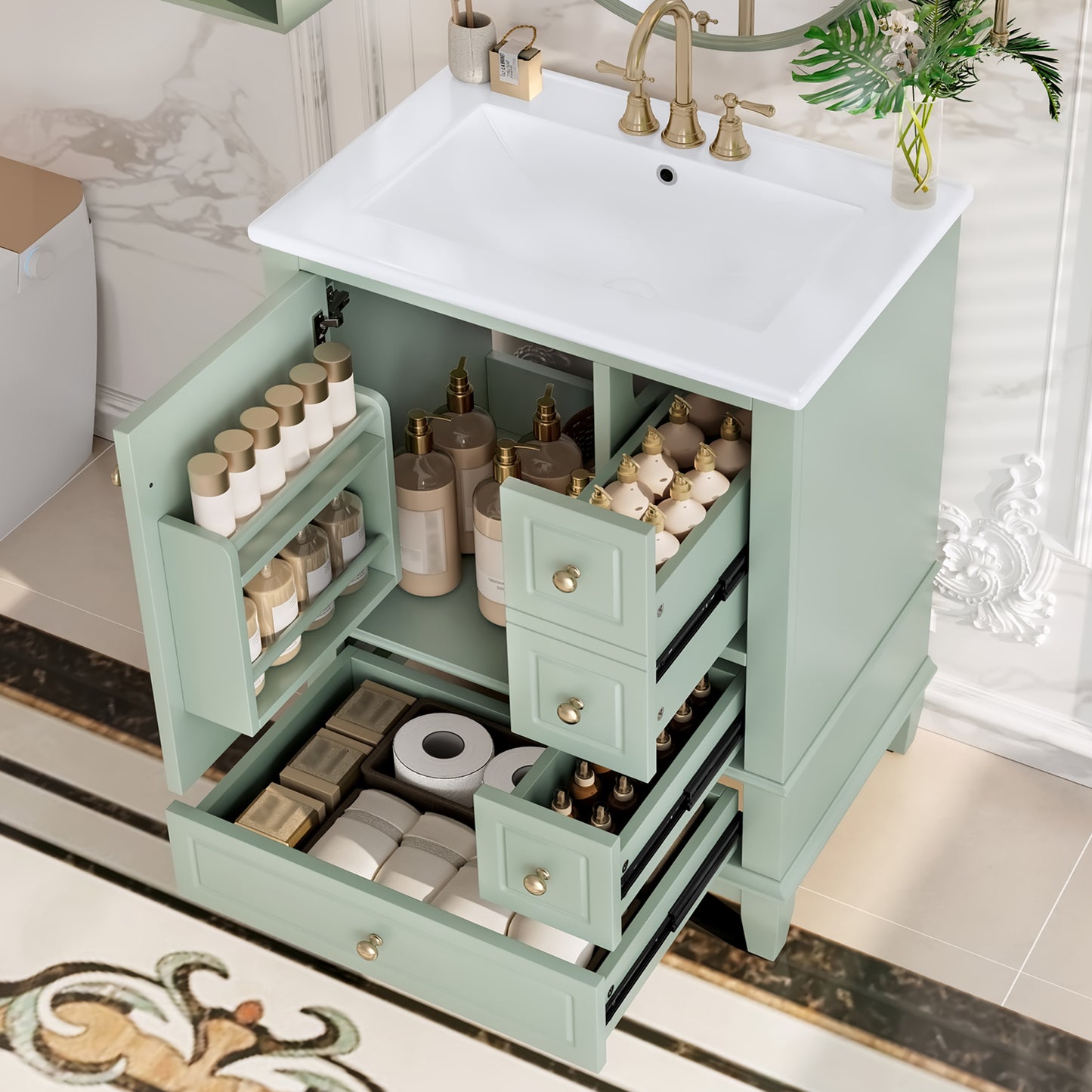 VanityFus 24-in Bathroom Vanity Green Single Sink Combo with Ceramic Top 1 Soft Close Door 3 Drawers