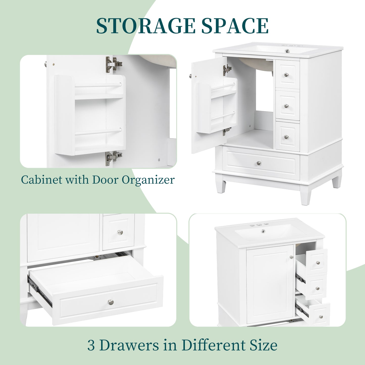 VanityFus 24-in White Bathroom Vanity Single Sink Combo Ceramic Top 1 Soft Close Door 3 drawers Undermount