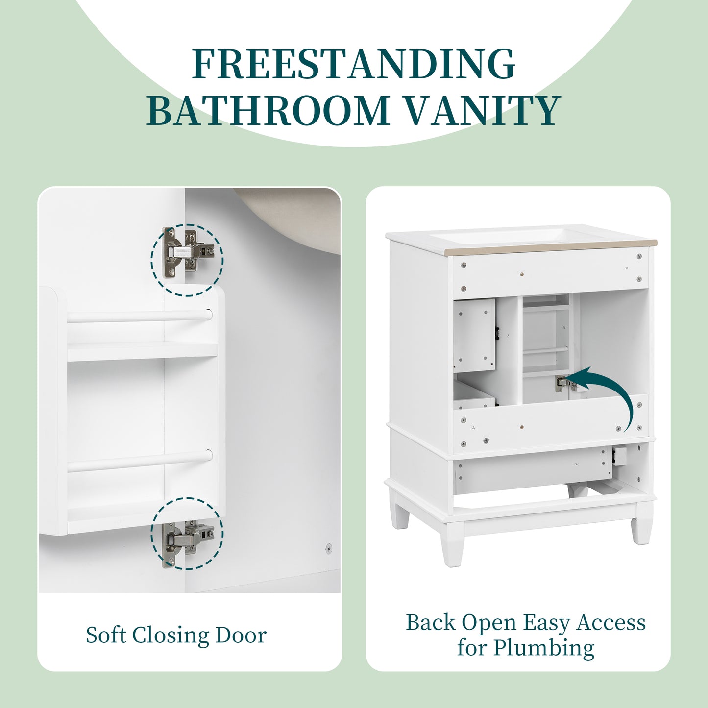 VanityFus 24-in White Bathroom Vanity Single Sink Combo Ceramic Top 1 Soft Close Door 3 drawers Undermount