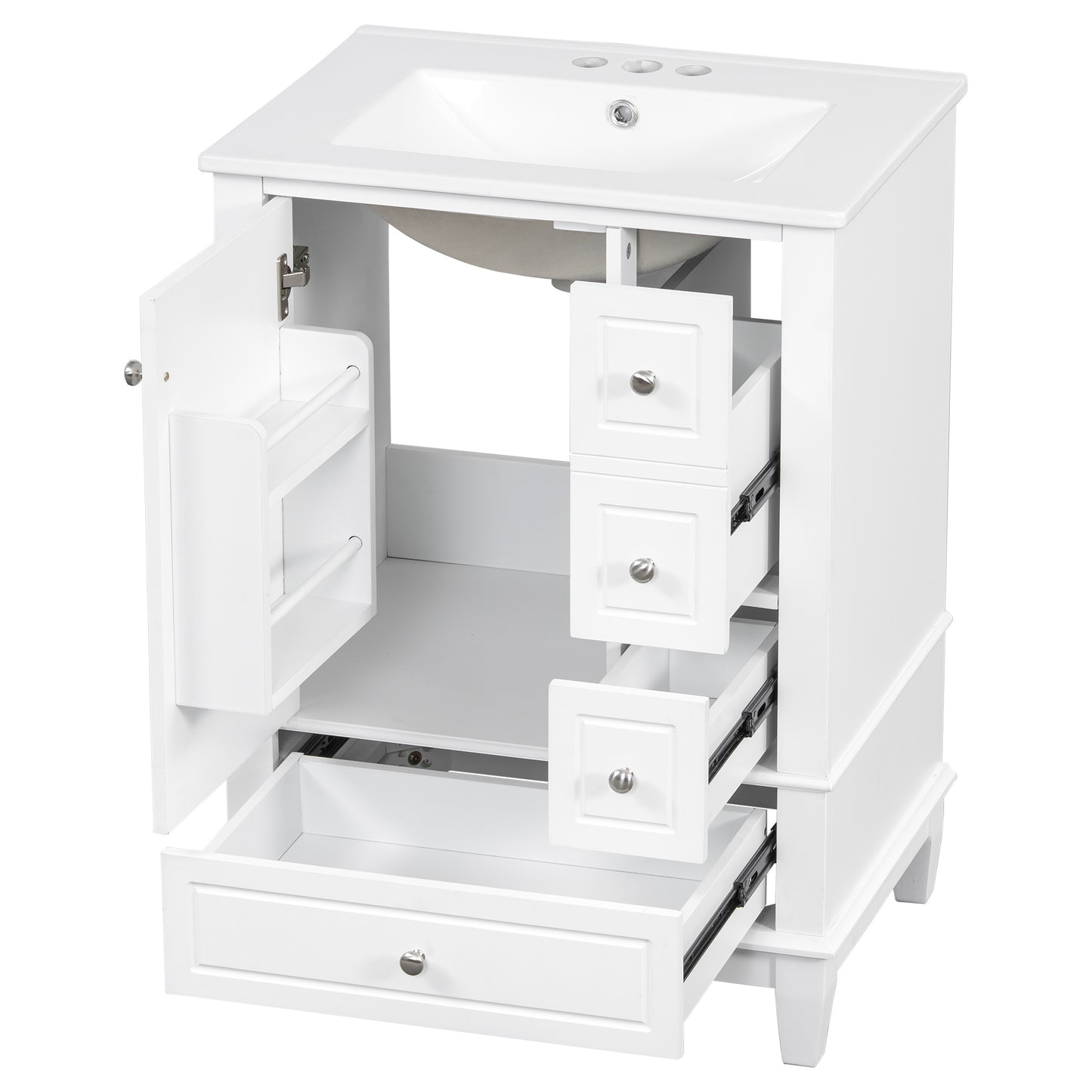 VanityFus 24-in White Bathroom Vanity Single Sink Combo Ceramic Top 1 Soft Close Door 3 drawers Undermount