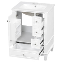 VanityFus 24-in White Bathroom Vanity Single Sink Combo Ceramic Top 1 Soft Close Door 3 drawers Undermount