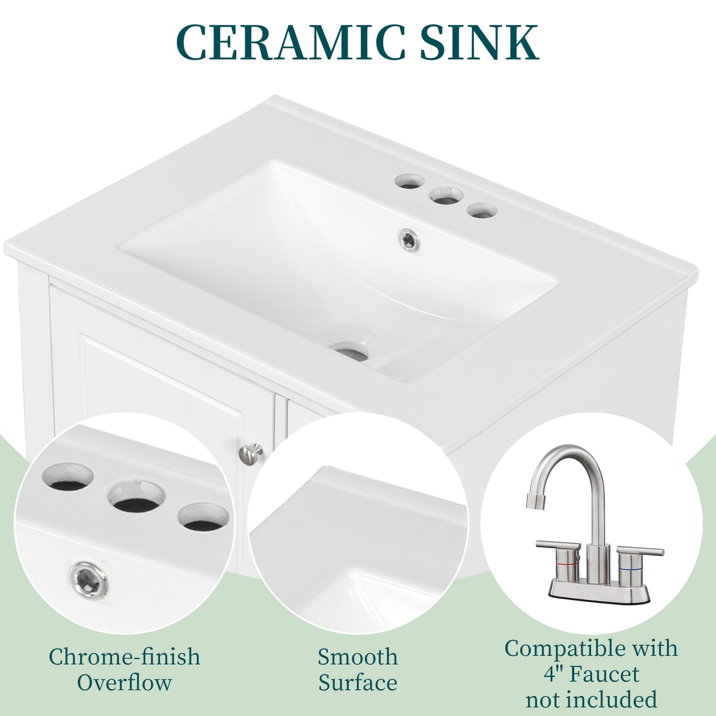 VanityFus 24-in White Bathroom Vanity Single Sink Combo Ceramic Top 1 Soft Close Door 3 drawers Undermount