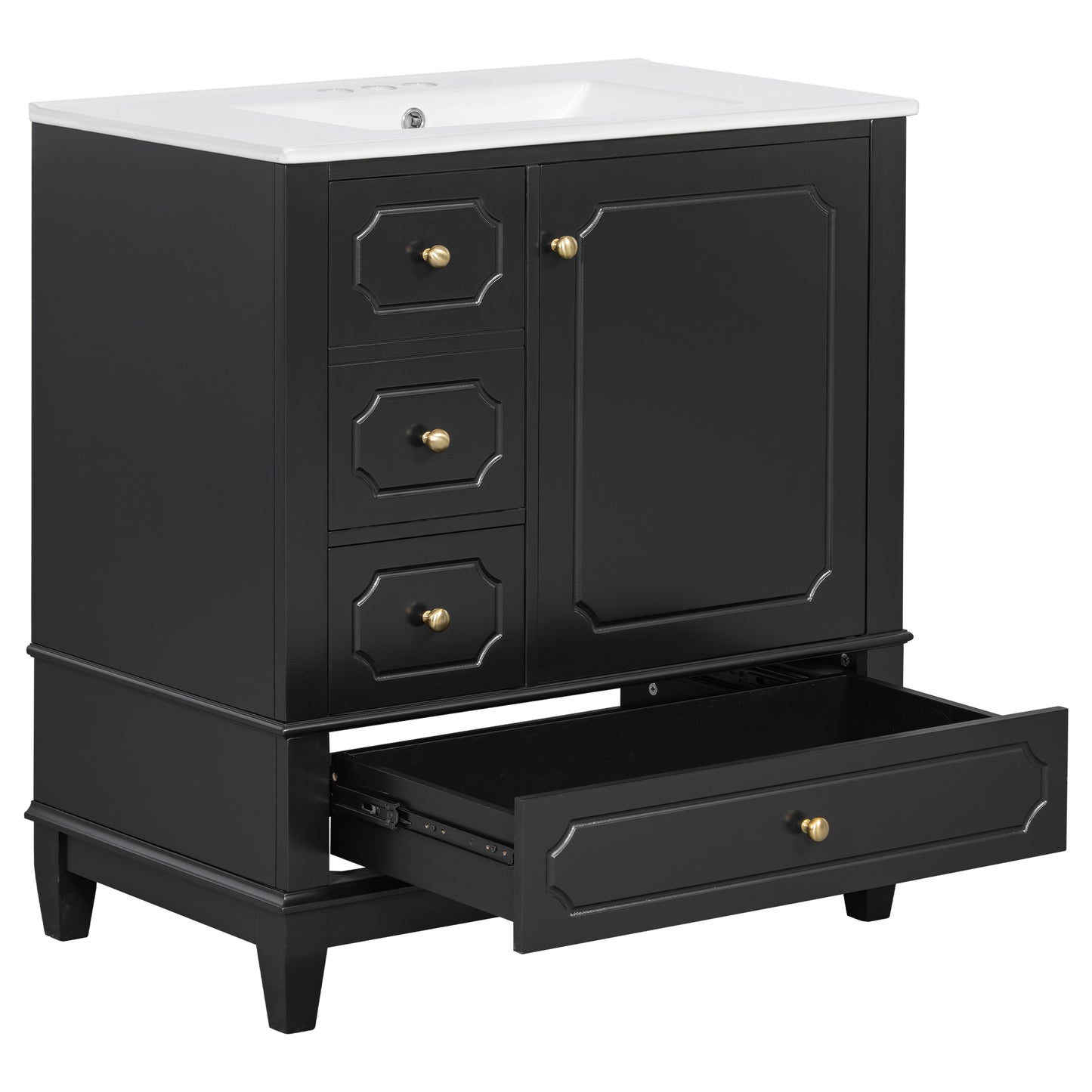 VanityFus 30-in Black Bathroom Vanity Single Sink Combo Ceramic Top 1 Soft Close Door 3 drawers Undermount