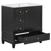 VanityFus 30-in Black Bathroom Vanity Single Sink Combo Ceramic Top 1 Soft Close Door 3 drawers Undermount