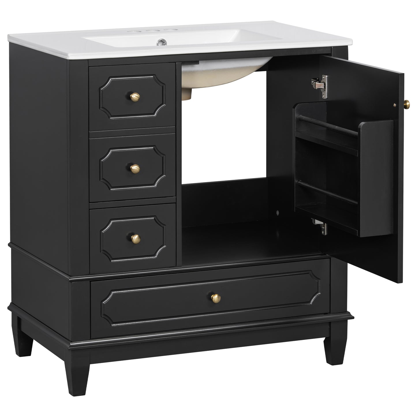 VanityFus 30-in Black Bathroom Vanity Single Sink Combo Ceramic Top 1 Soft Close Door 3 drawers Undermount