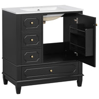 VanityFus 30-in Black Bathroom Vanity Single Sink Combo Ceramic Top 1 Soft Close Door 3 drawers Undermount