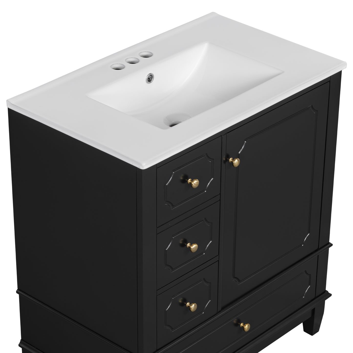 VanityFus 30-in Black Bathroom Vanity Single Sink Combo Ceramic Top 1 Soft Close Door 3 drawers Undermount