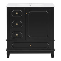 VanityFus 30-in Black Bathroom Vanity Single Sink Combo Ceramic Top 1 Soft Close Door 3 drawers Undermount