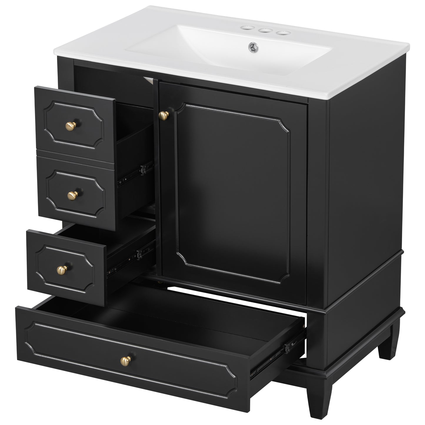 VanityFus 30-in Black Bathroom Vanity Single Sink Combo Ceramic Top 1 Soft Close Door 3 drawers Undermount