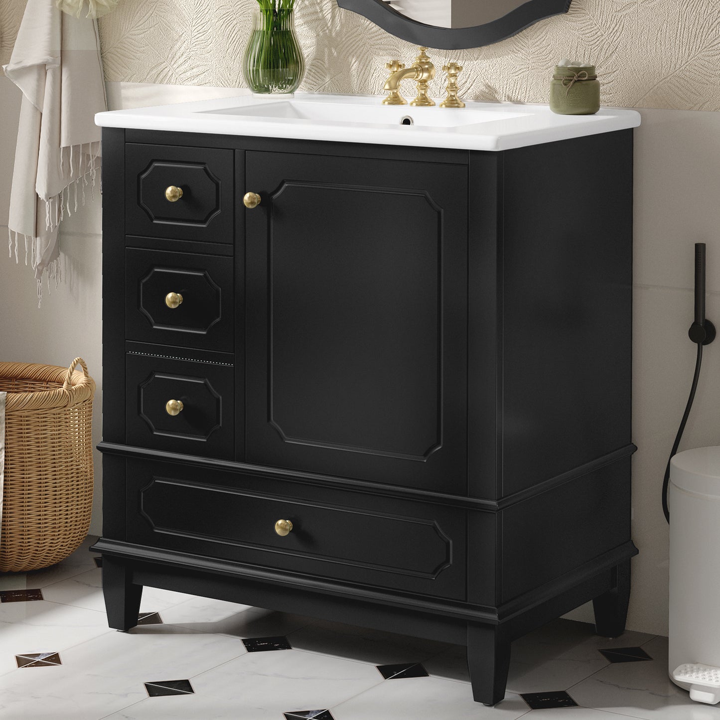 VanityFus 30-in Black Bathroom Vanity Single Sink Combo Ceramic Top 1 Soft Close Door 3 drawers Undermount