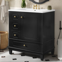 VanityFus 30-in Black Bathroom Vanity Single Sink Combo Ceramic Top 1 Soft Close Door 3 drawers Undermount