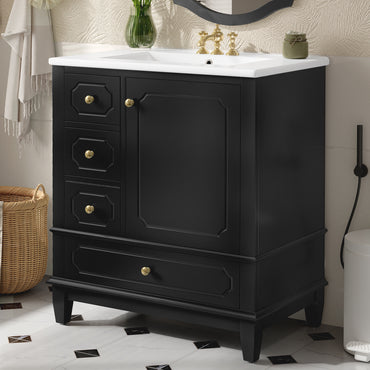 VanityFus 30-in Black Bathroom Vanity Single Sink Combo Ceramic Top 1 Soft Close Door 3 drawers Undermount