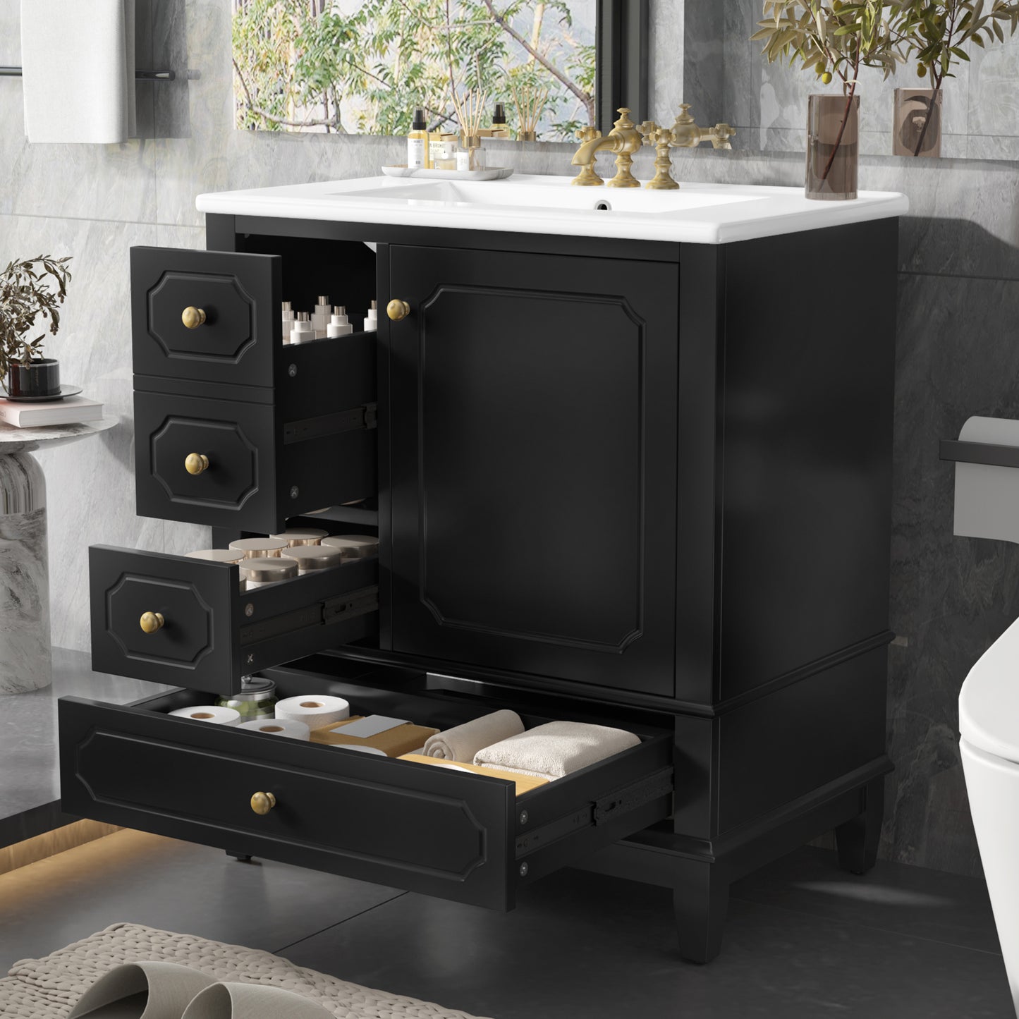 VanityFus 30-in Black Bathroom Vanity Single Sink Combo Ceramic Top 1 Soft Close Door 3 drawers Undermount
