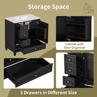 VanityFus 30-in Black Bathroom Vanity Single Sink Combo Ceramic Top 1 Soft Close Door 3 drawers Undermount