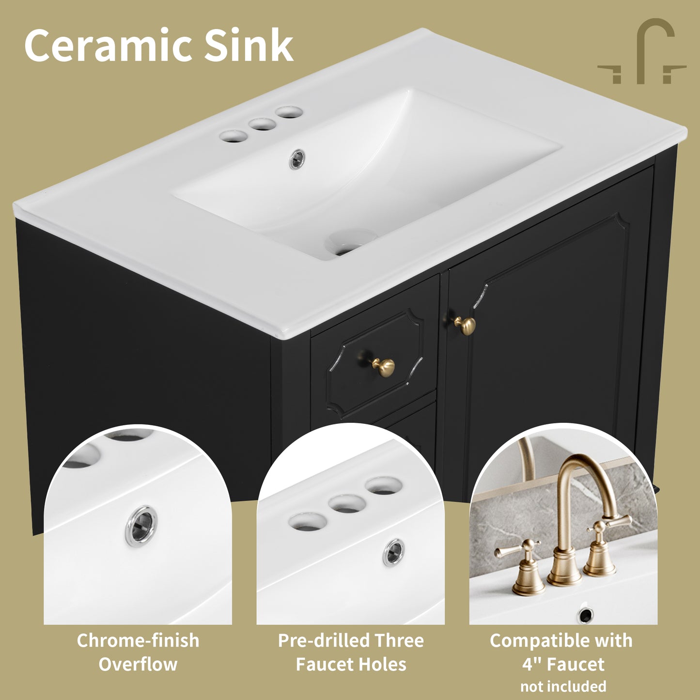 VanityFus 30-in Black Bathroom Vanity Single Sink Combo Ceramic Top 1 Soft Close Door 3 drawers Undermount