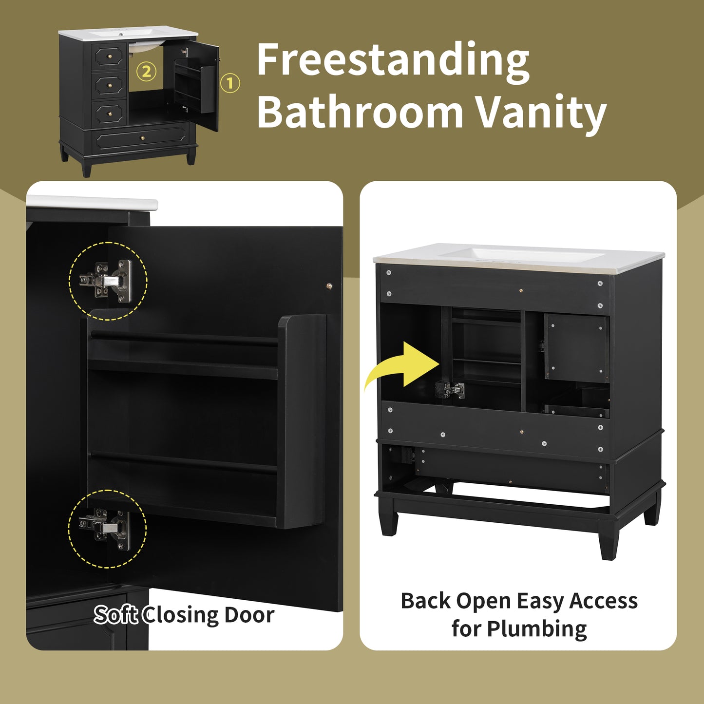 VanityFus 30-in Black Bathroom Vanity Single Sink Combo Ceramic Top 1 Soft Close Door 3 drawers Undermount