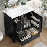 VanityFus 30-in Black Bathroom Vanity Single Sink Combo Ceramic Top 1 Soft Close Door 3 drawers Undermount