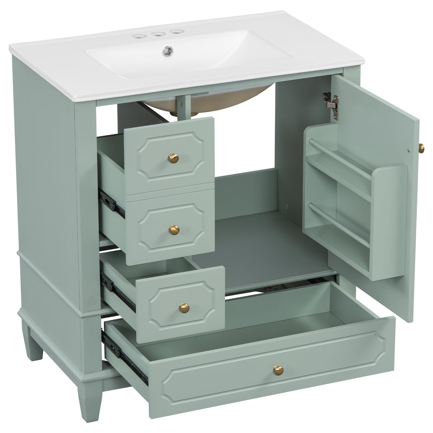 VanityFus 30-in Green Bathroom Vanity Single Sink Combo Ceramic Top 1 Soft Close Door 3 drawers Undermount