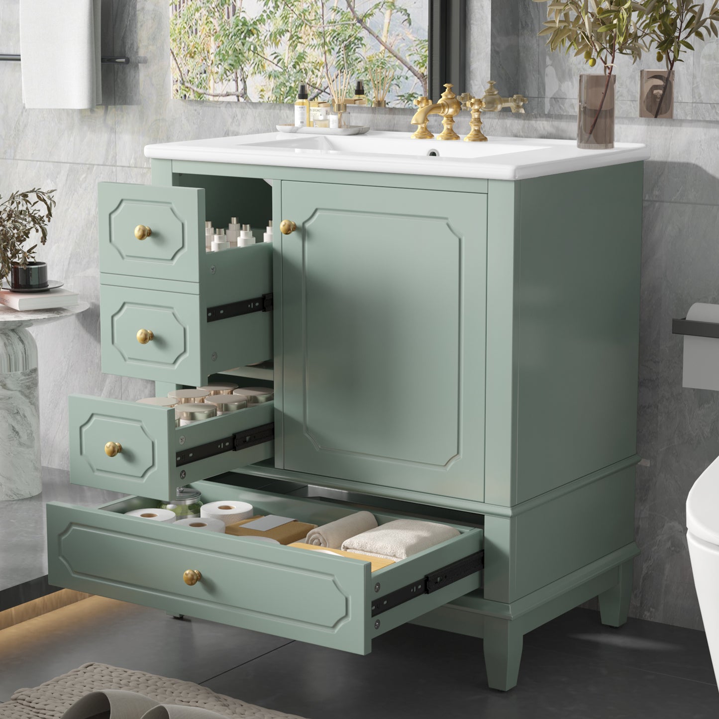 VanityFus 30-in Green Bathroom Vanity Single Sink Combo Ceramic Top 1 Soft Close Door 3 drawers Undermount