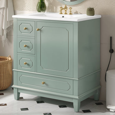 VanityFus 30-in Green Bathroom Vanity Single Sink Combo Ceramic Top 1 Soft Close Door 3 drawers Undermount